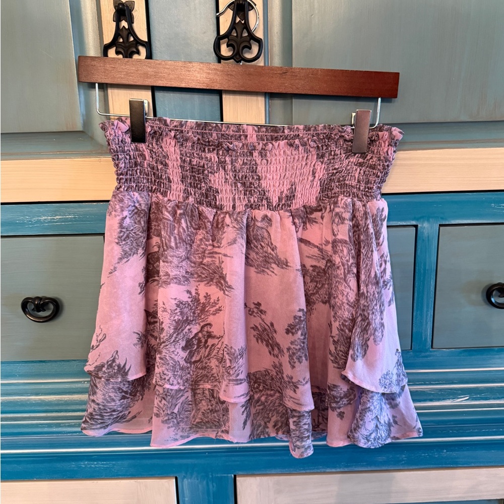 Urban Outfitters Pink Toile Smocked Ruffle Mini Skirt